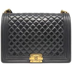 Chanel Boy Flap Black Quilted Calfskin Leather Gold Metal Chain Shoulder Bag