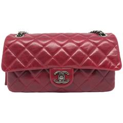 Chanel Red Quilted Aged Calf Leather Silver Metal Chain Shoulder Bag