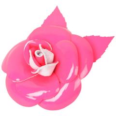 Chanel Patent Leather Camellia Brooch Pin - fluorescent pink 