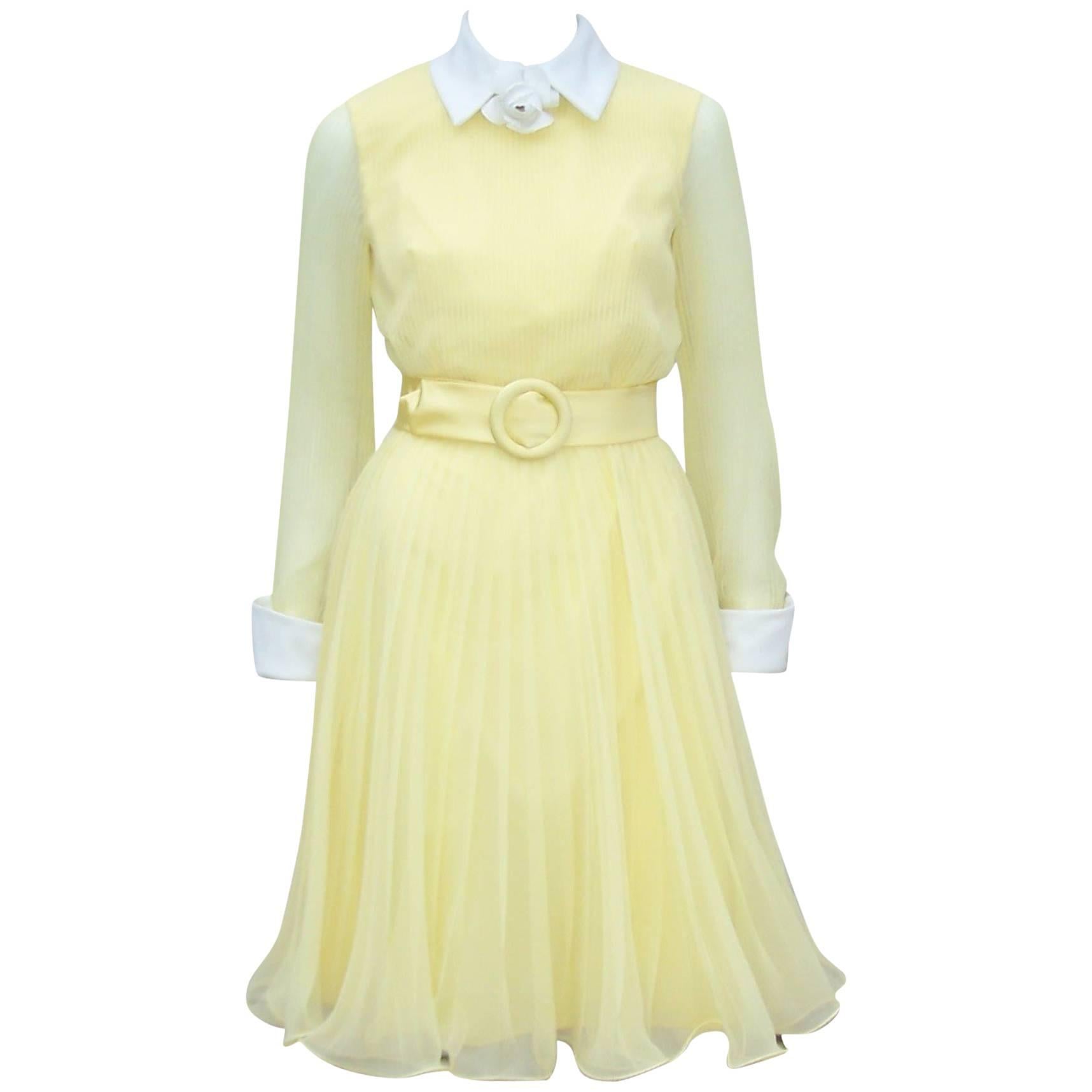 C.1970 Miss Elliette Sunny Yellow Chiffon Dress
