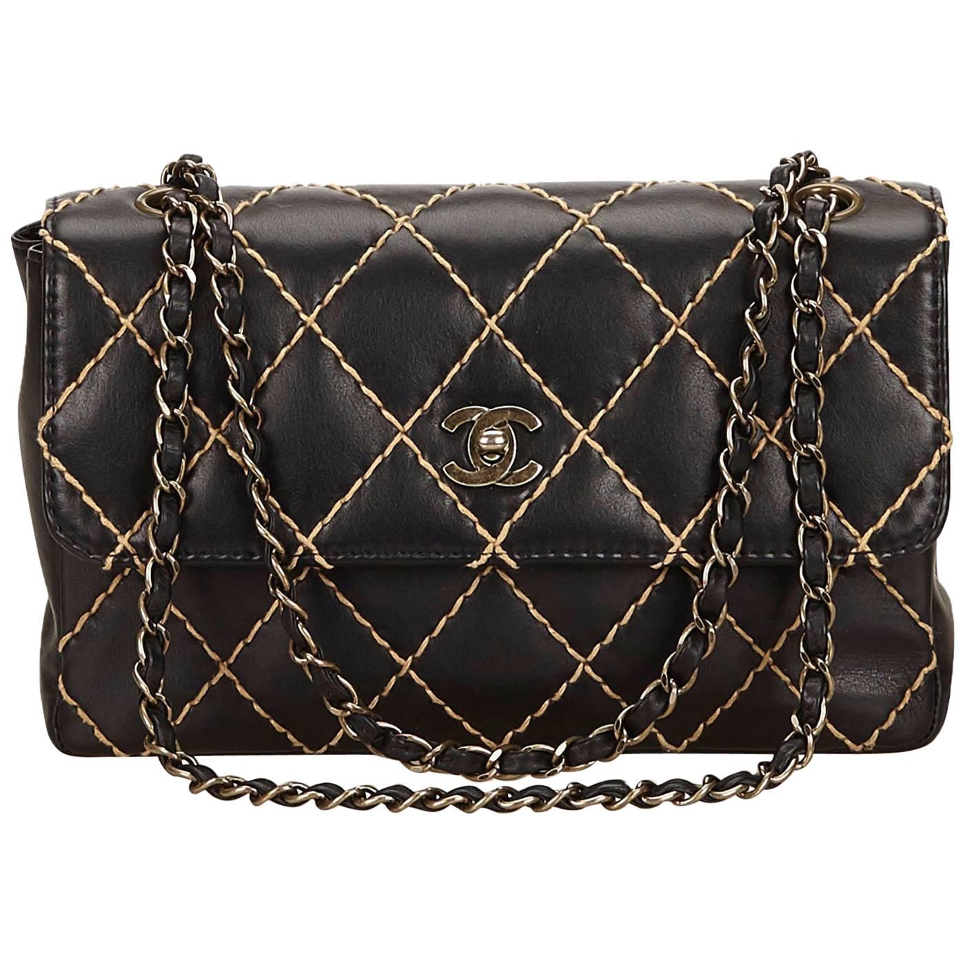 Chanel Black and Beige Wild Stitch Calfskin Chain Flap Bag