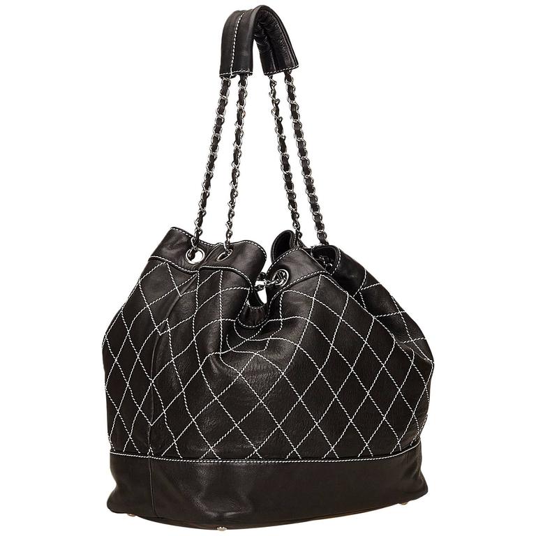 Chanel Black and White Wild Stitch Drawstring Tote Bag at 1stdibs
