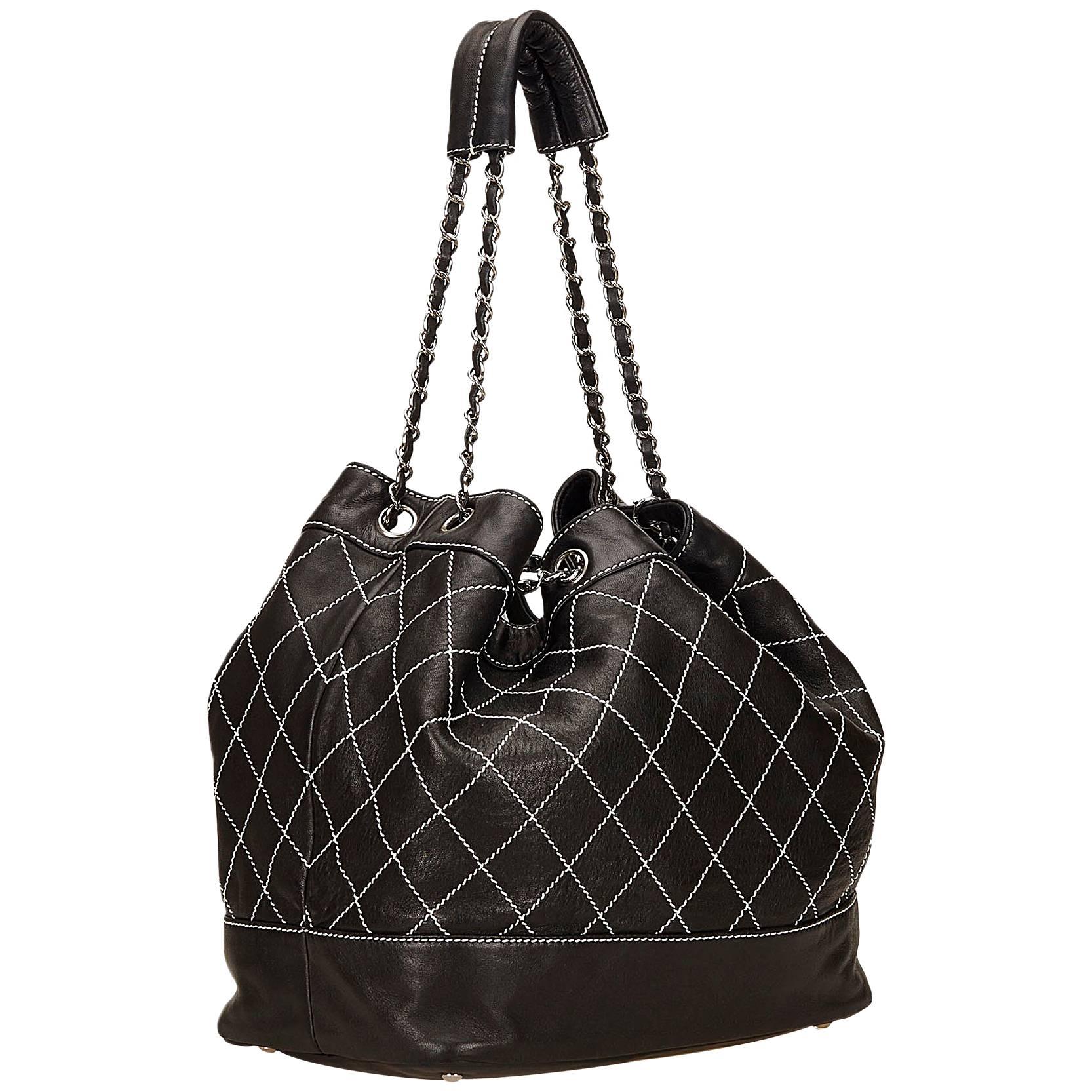 Chanel Black and White Wild Stitch Drawstring Tote Bag
