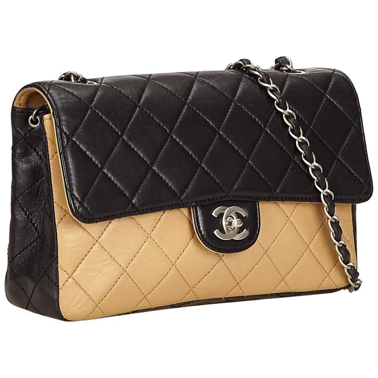 Chanel Back and Beige Quilted Lambskin Matelassé Shoulder Flap Bag at  1stDibs