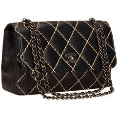 Chanel Schwarzes gestepptes Lammleder Wild Stitch Flap Bag