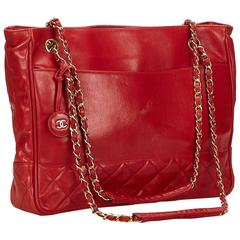 Vintage Chanel Red Lambskin Leather Shoulder Bag 