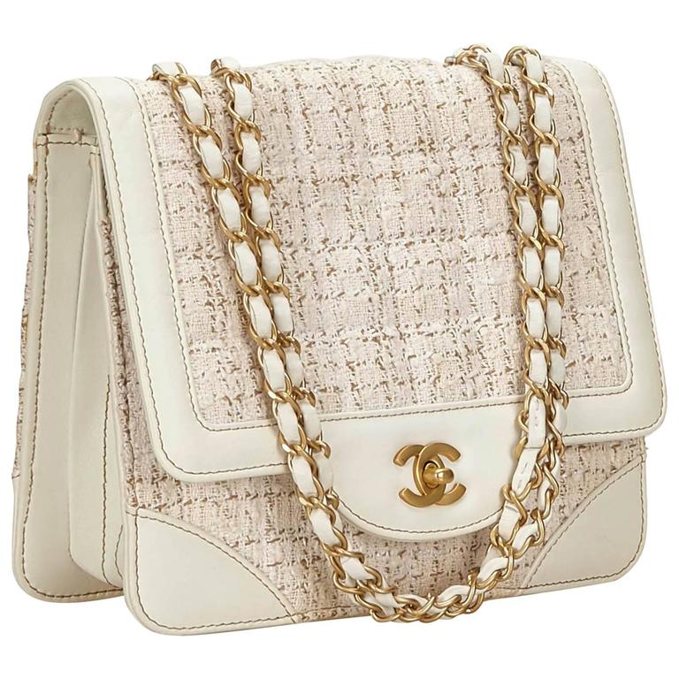 Chanel White and Ivory Tweed/Leather Flap Chain Shoulder Bag at 1stDibs