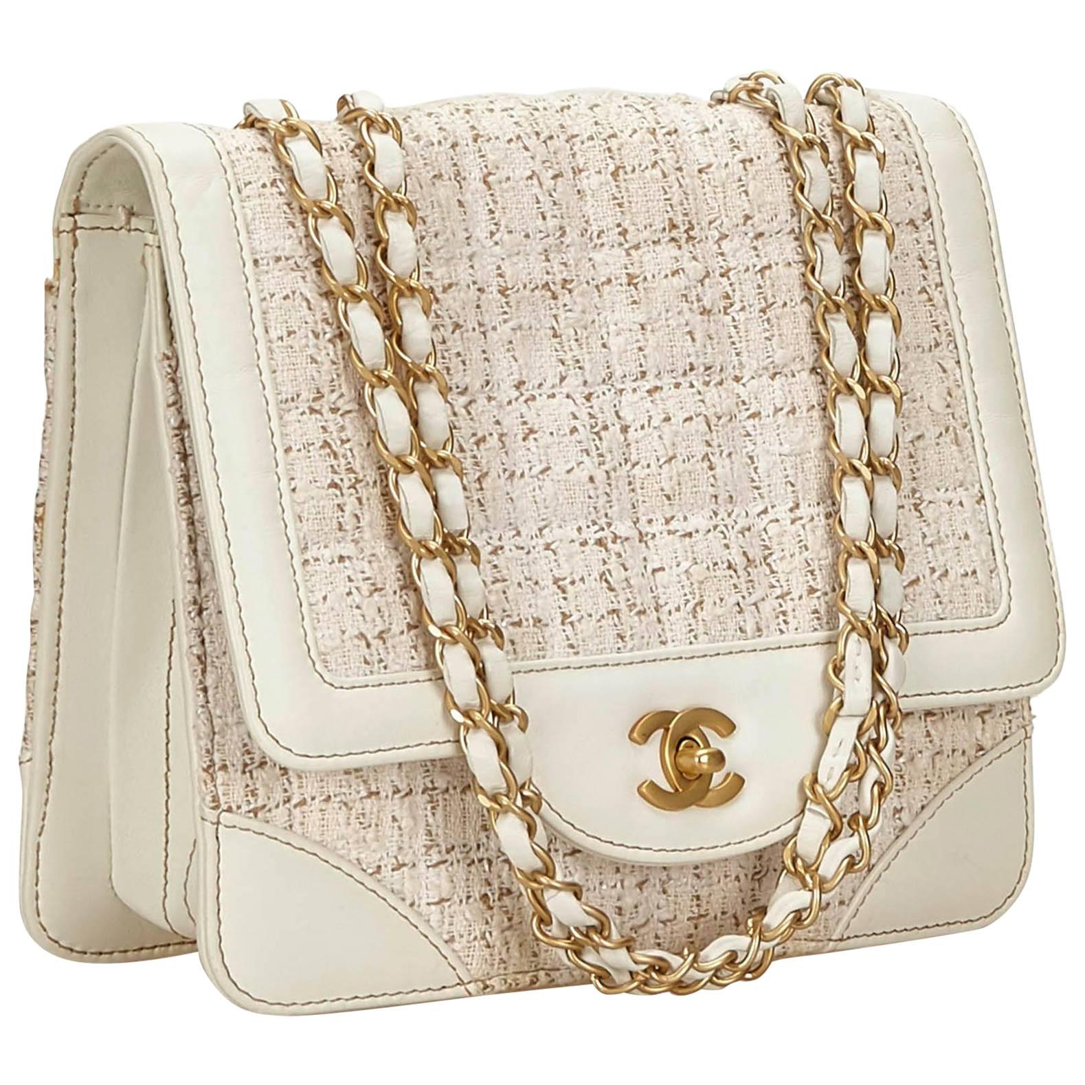 Chanel White and Ivory Tweed/Leather Flap Chain Shoulder Bag