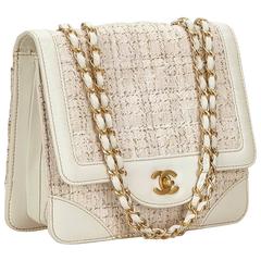 Chanel White and Ivory Tweed/Leather Flap Chain Shoulder Bag