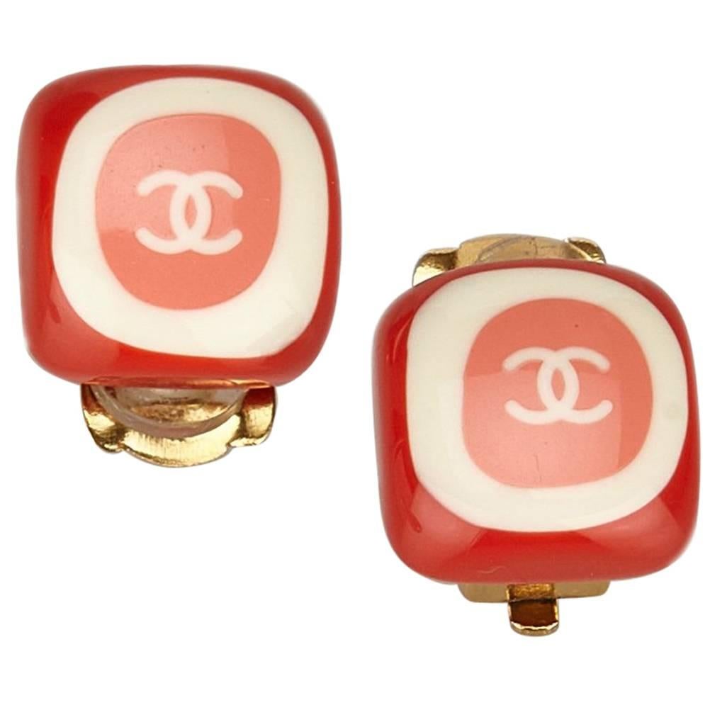 Chanel Pink and White Enamel "CC" Logo Clip On Earrings