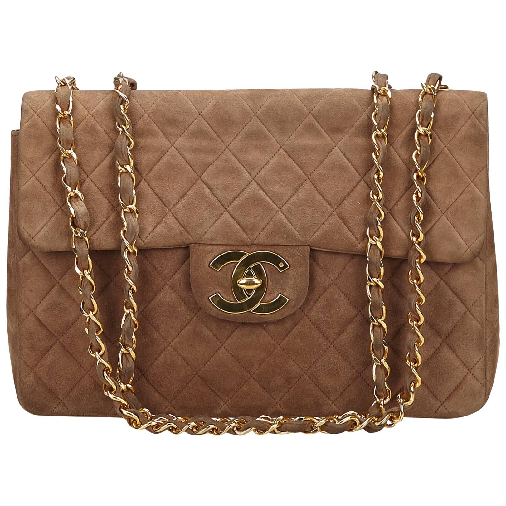 Chanel Brown Quilted Suede Maxi Shoulder Flap Bag