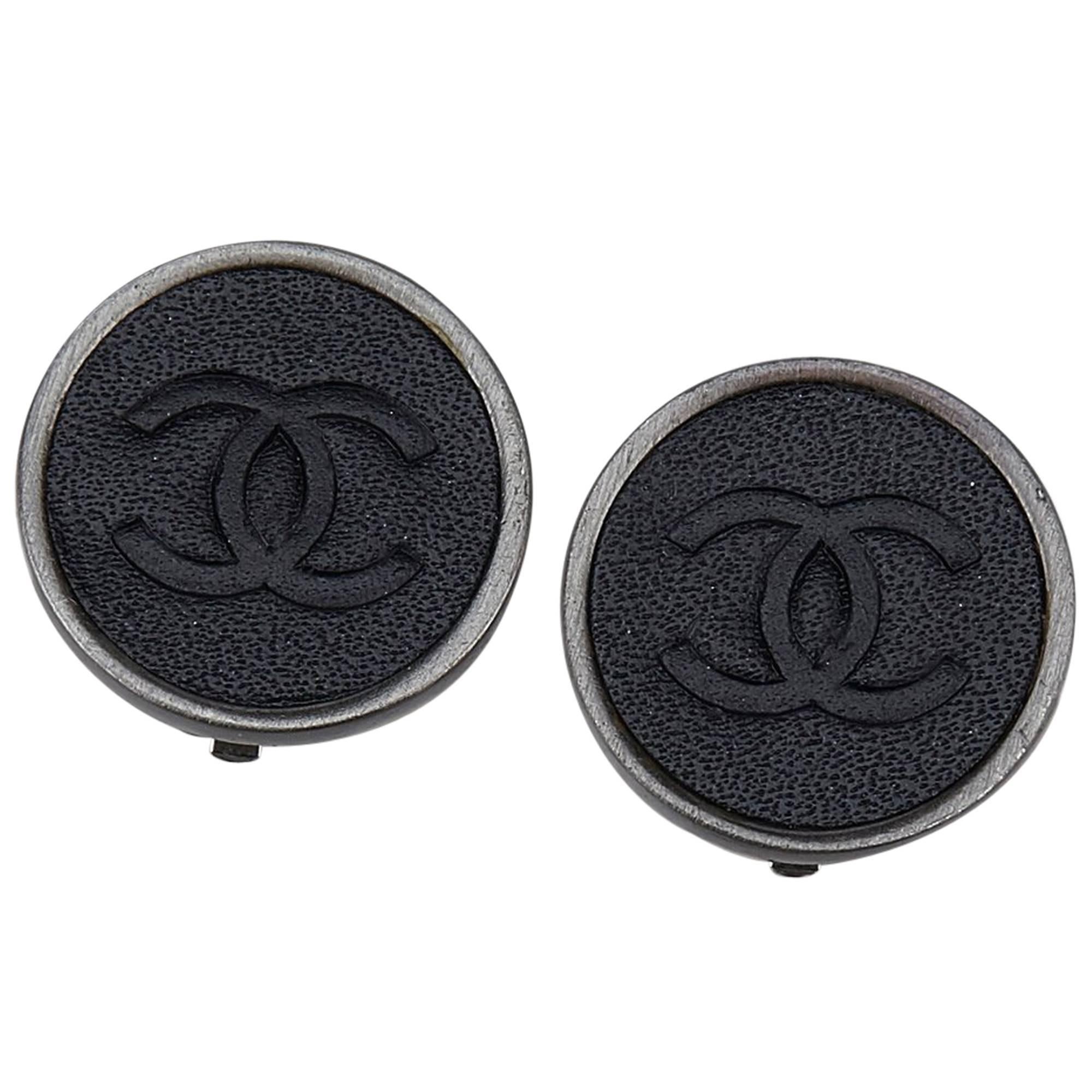 Chanel Black Leather Silver Toned "CC" Logo Clip On Earrings 