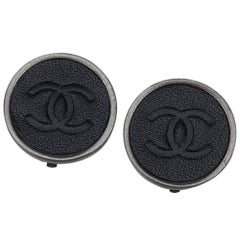 Chanel Black Leather Silver Toned "CC" Logo Clip On Earrings