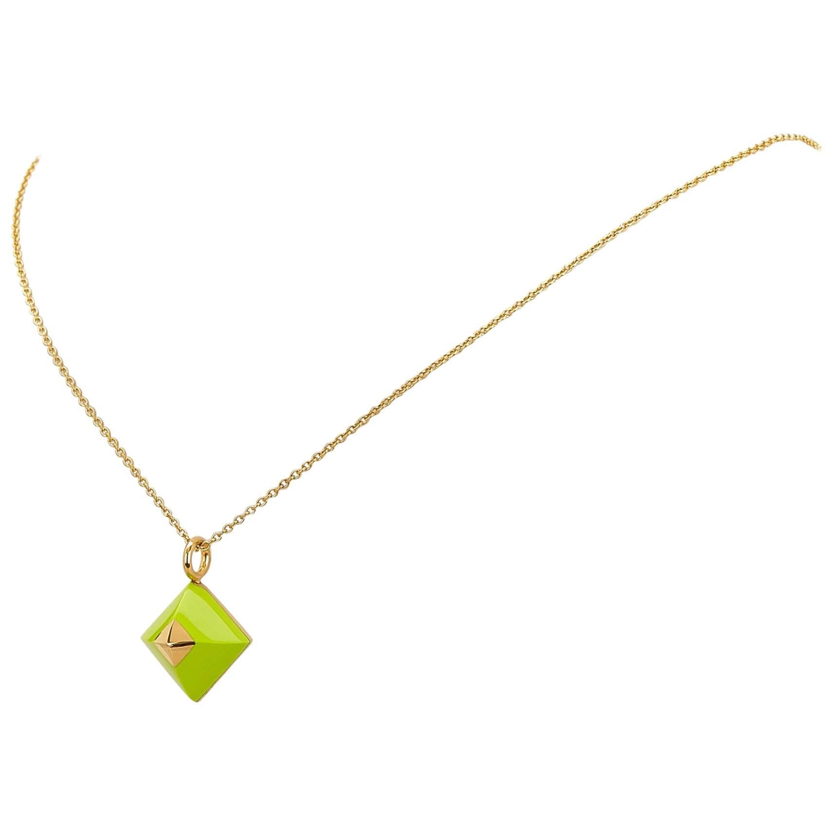 Hermes Green Gold Toned Pyramid Pendant Necklace 