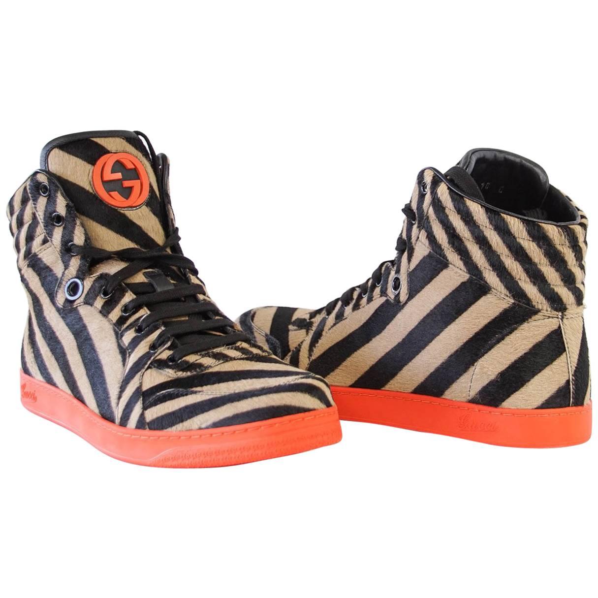 Gucci Men's Shoe Pony Stripe Black / Camel Orange Sole High Top Sneaker 10 G 