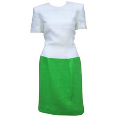 Two Tone 1980's Scaasi White & Green Linen Dress 11