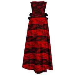 1957 Bergdorf Goodman Couture Red Black Floral-Print Silk Strapless Bustle Gown 4