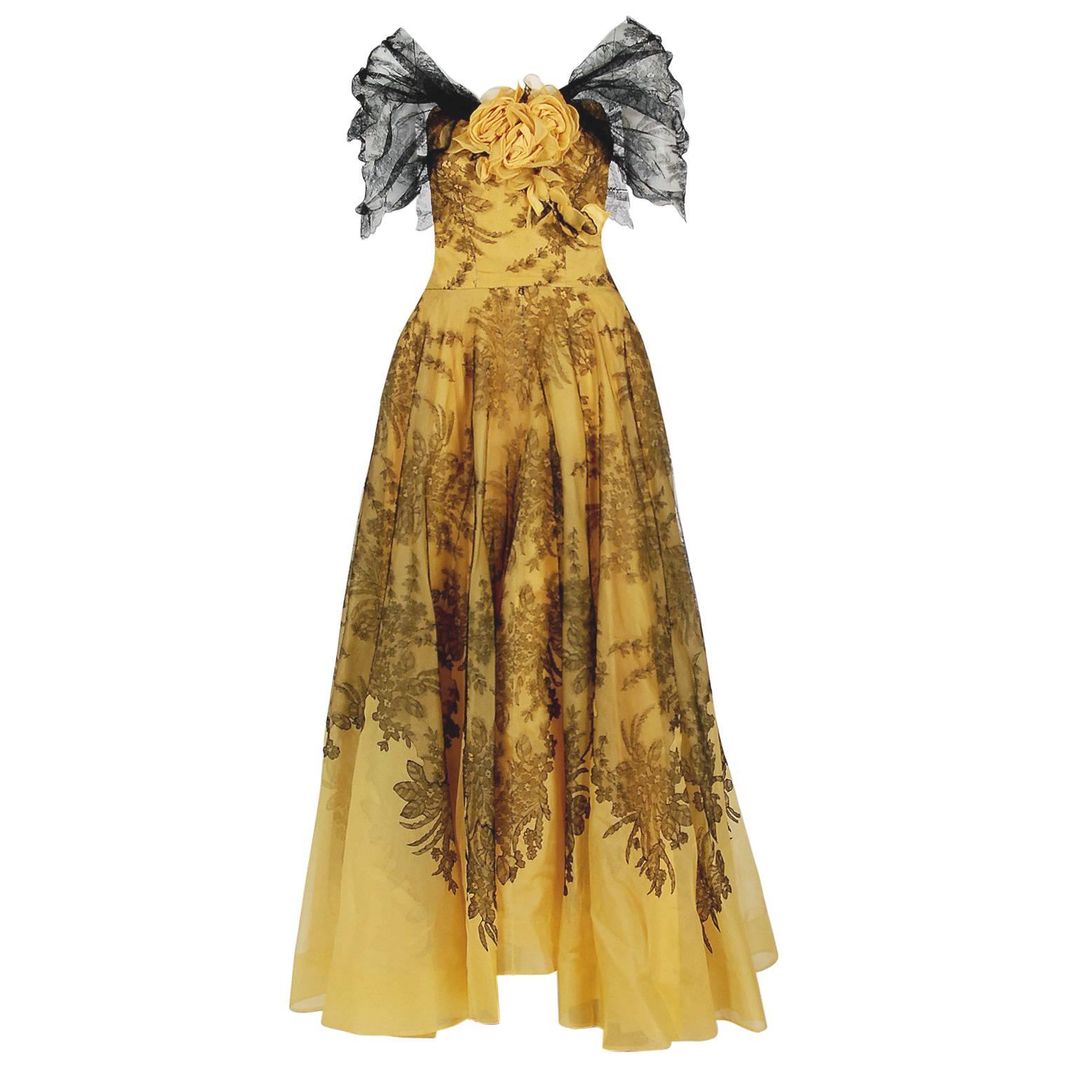 1950's Sydonia Couture Yellow Silk-Organza & Black Chantilly-Lace Applique Gown