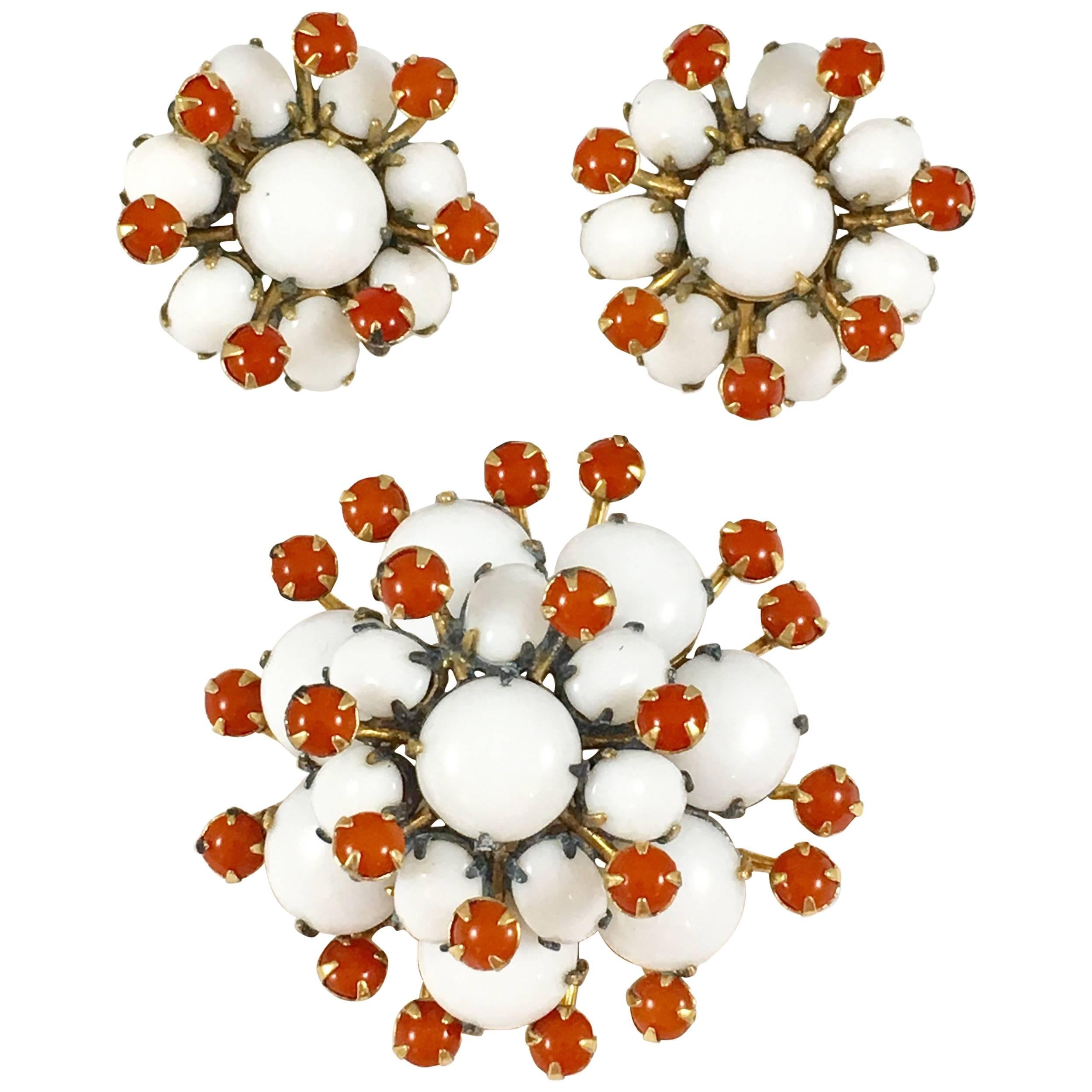 1950s Schreiner White and Orange Brooch and Earring Set