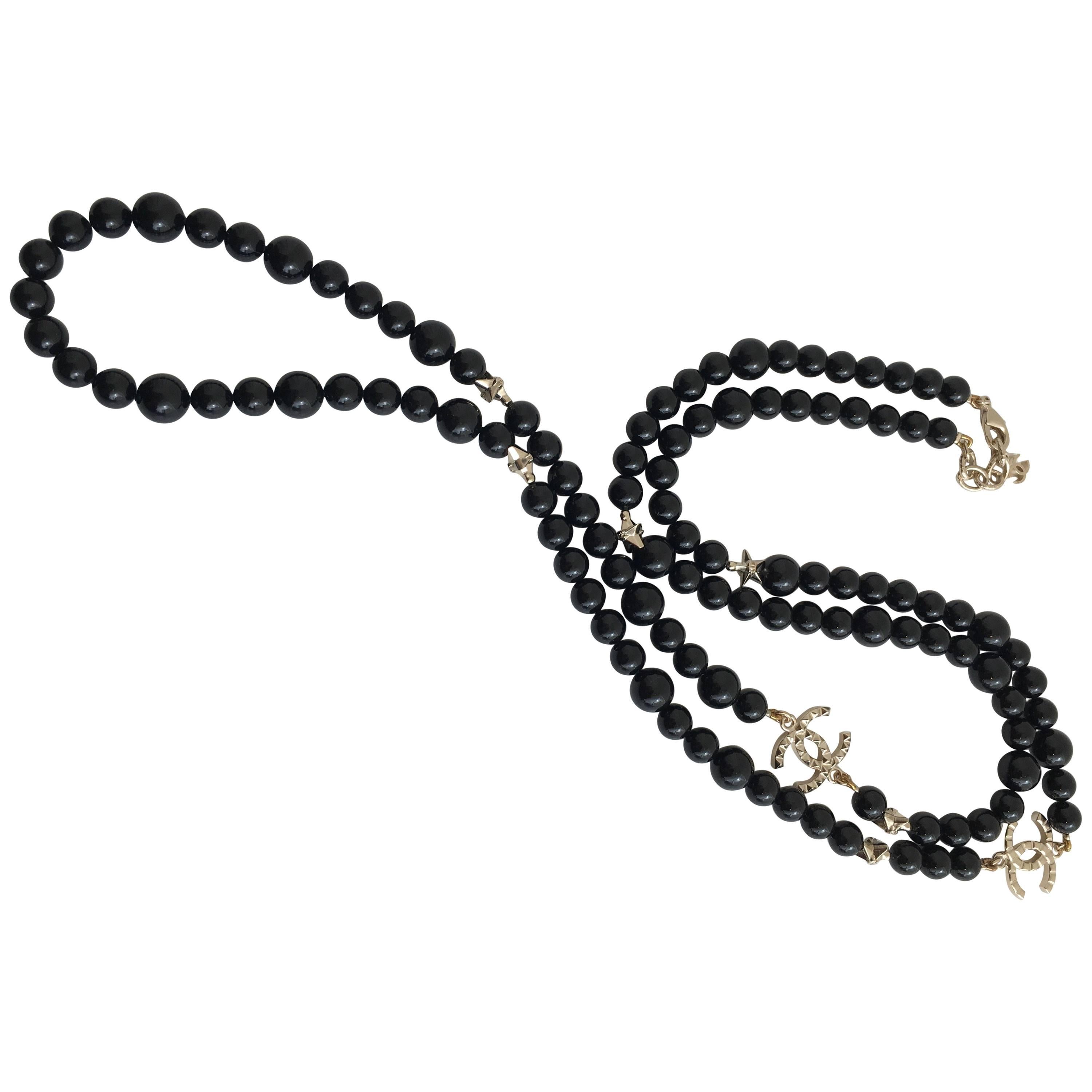 Chanel Black Beaded Necklace, Muted Gold Metal Beads and Metallic CC Logo