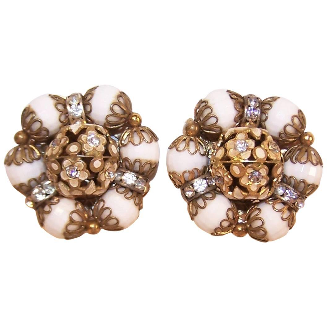 1950's Hobe White Faceted Bead Earrings With Rhinestones