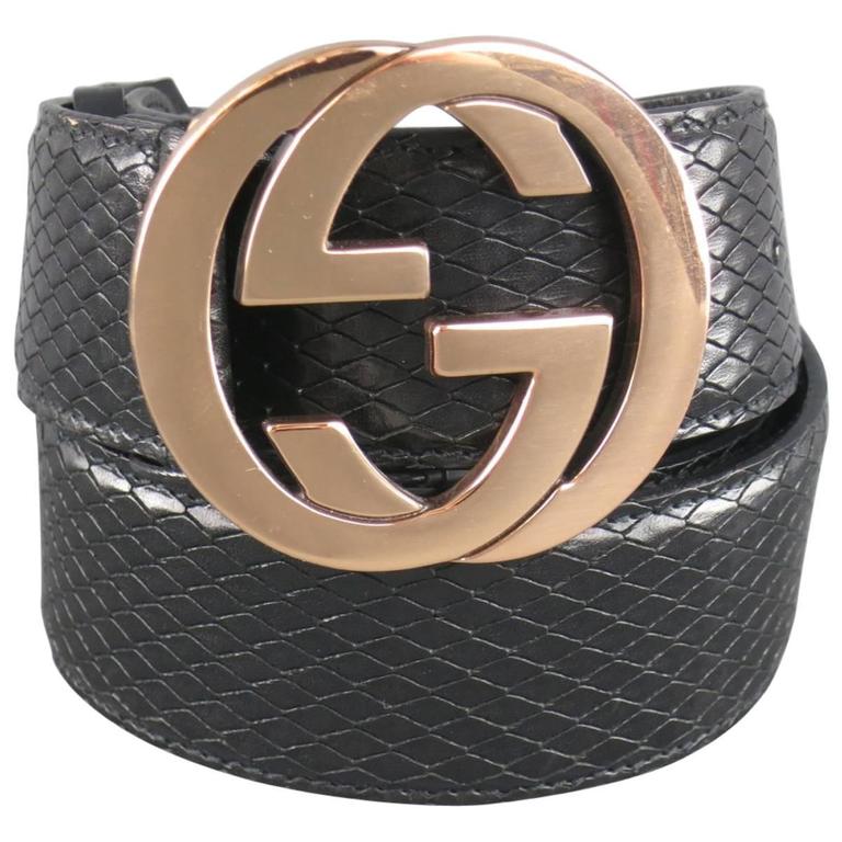 GUCCI Size 36 Black Snake Leather Gold Double G Buckle Belt at 1stdibs