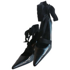 Gucci Pointed Winklepicker Black Leather Pumps with Ribbon 6