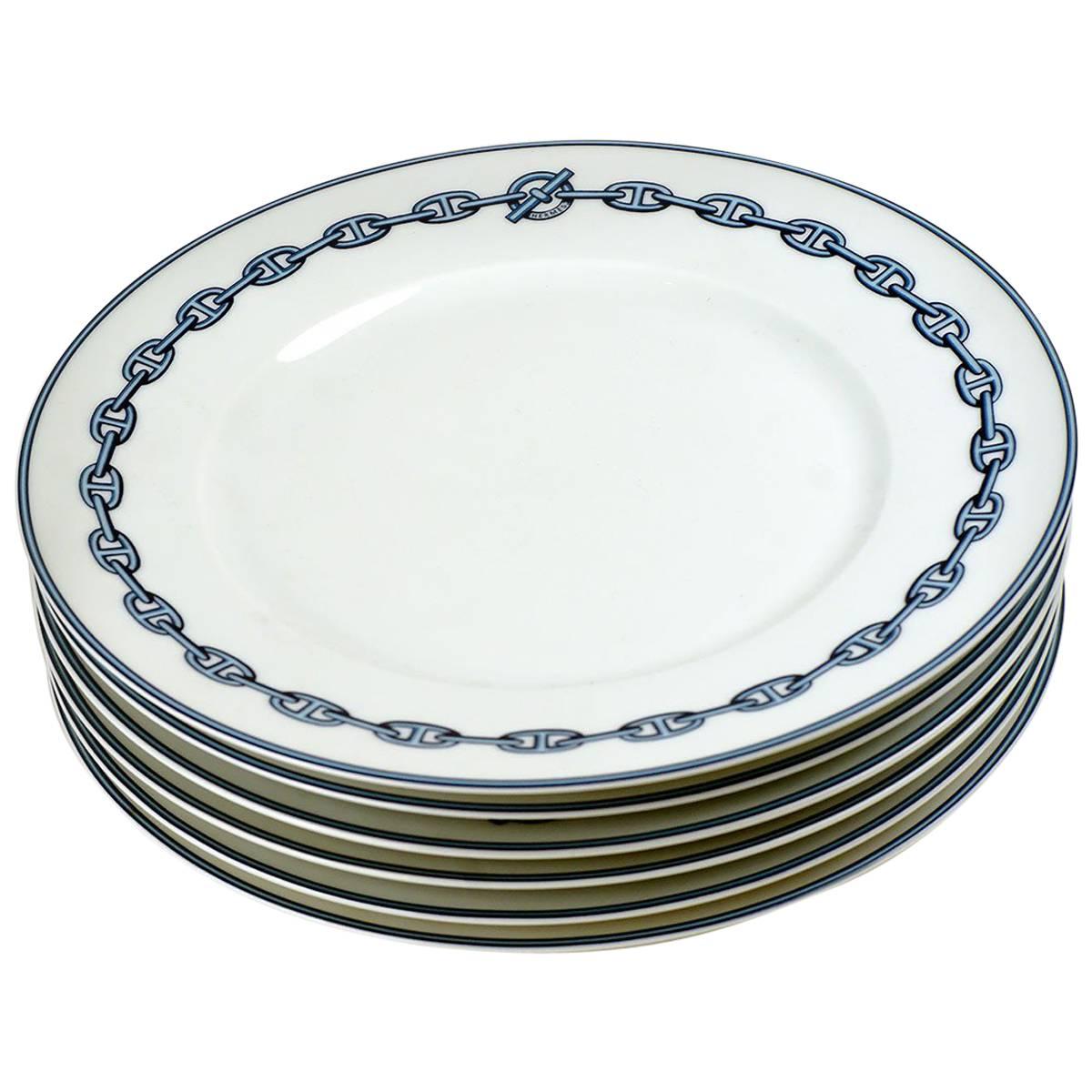 Hermes Chaine d'Ancre Blue Large Dinner Plates, Set of Six