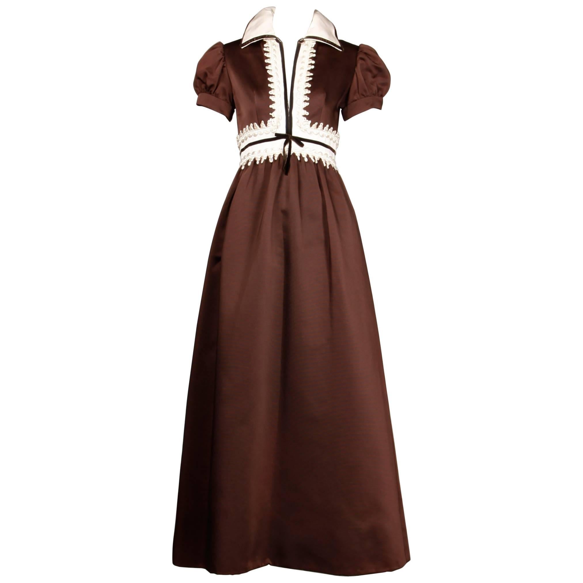1970s Oscar de la Renta Vintage Brown Satin Maxi Dress
