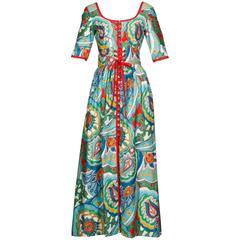 1970s Oscar de la Renta Vintage Paisley Print Maxi Dress + Lace Up Belt