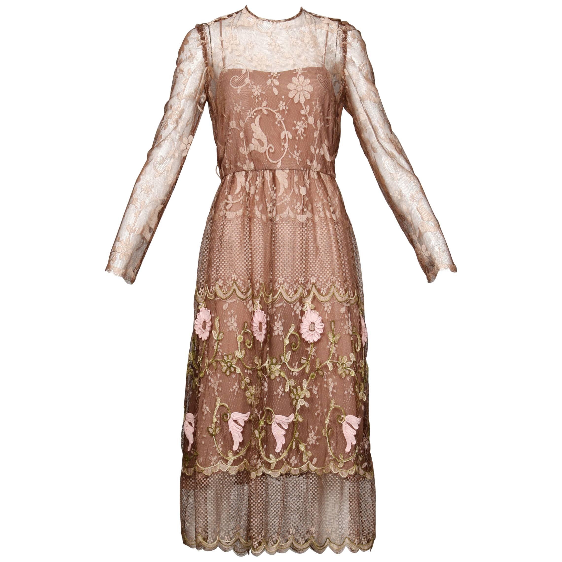 Capriccio Vintage Taupe Embroidered Flower Lace Dress with Scalloped Hem For Sale