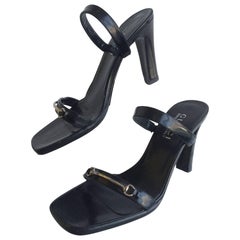 Gucci Black Leather Open Toe Heels with Silver Horsebit 7