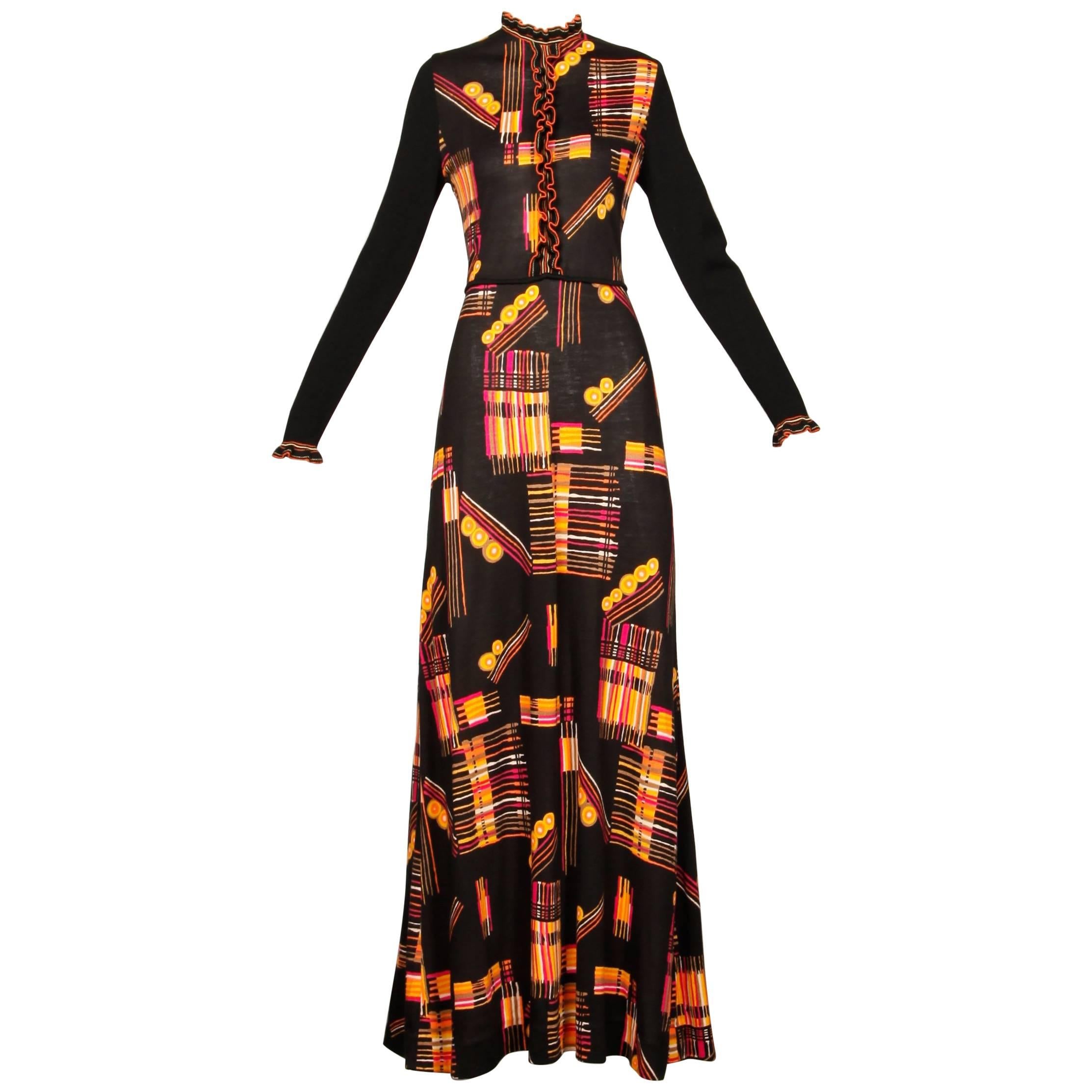 1970s Vintage 100% Wool Knit Maxi Dress with Vibrant Mid-Century Print