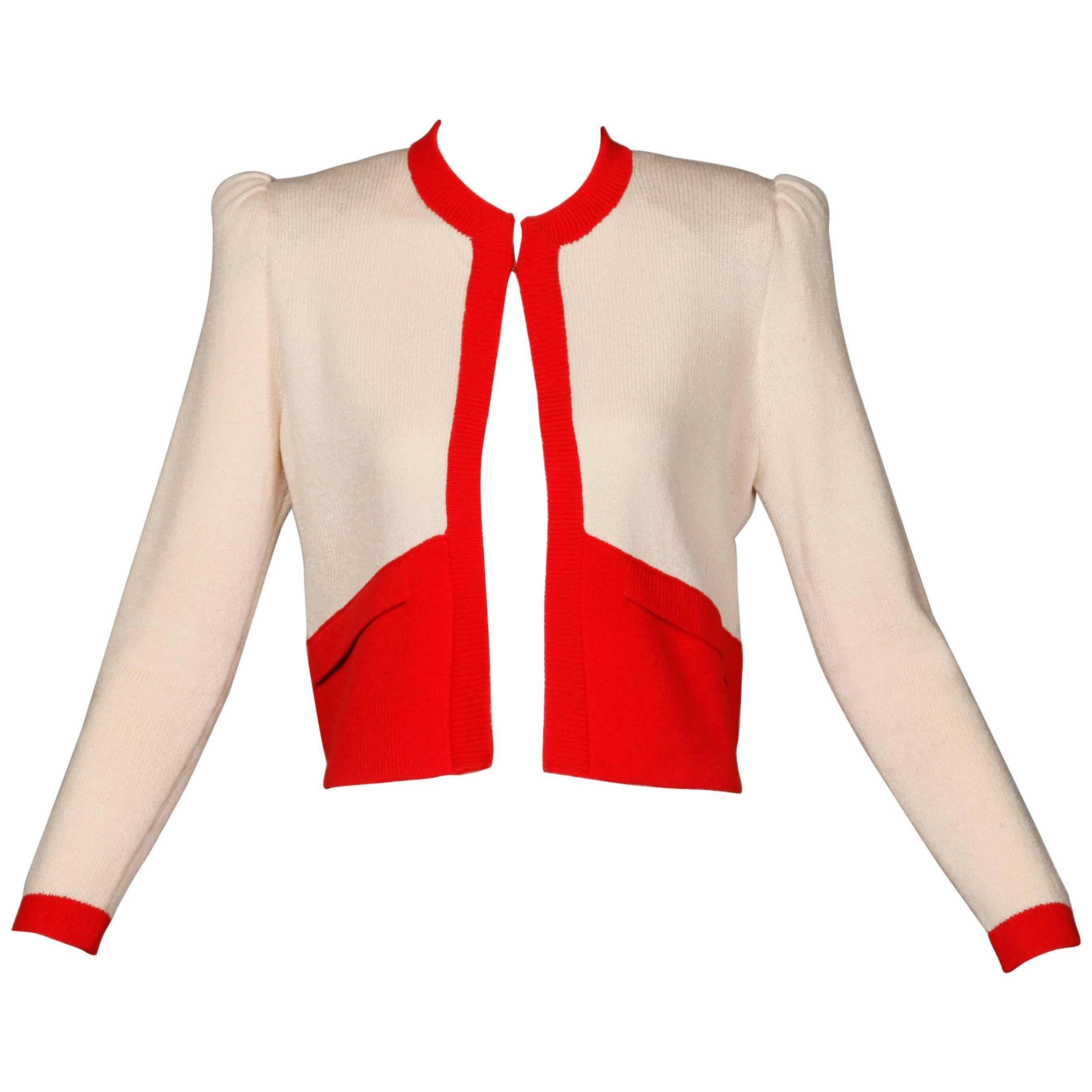 St. John Vintage Red + White Knit Cardigan Sweater Jacket