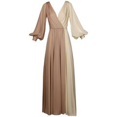 1970s Estevez Vintage Two-Tone Goddess Maxi Dress with Plunging Neckline