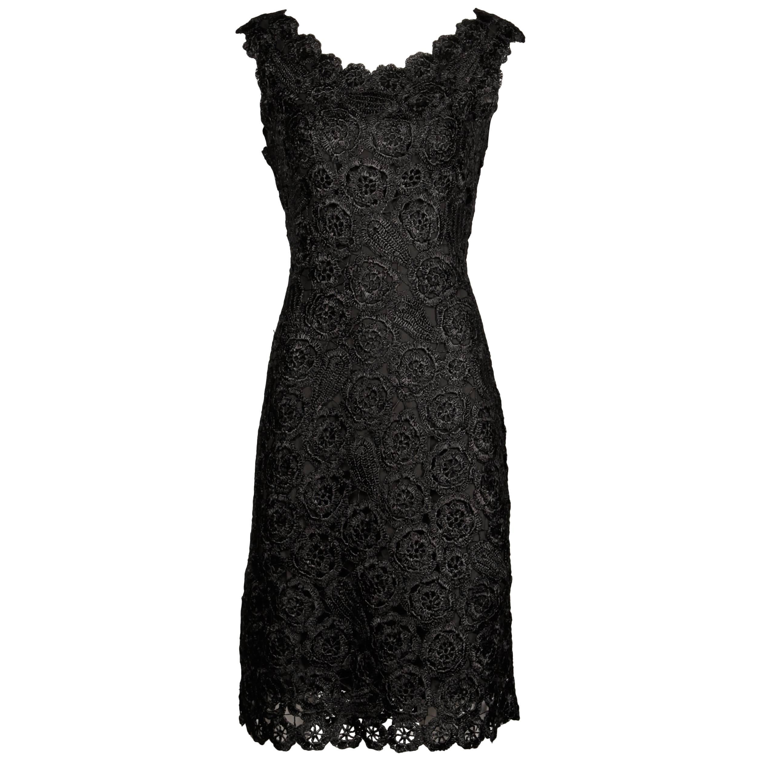1960s Gino Paoli Vintage Black Raffia Lace Wiggle Dress