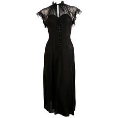 1970's RADLEY black moss crepe dress with sheer neckline