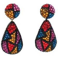 Vintage Richard Kerr Signed Dangle Clip Earrings Multicolor Rhinestones Paved 12