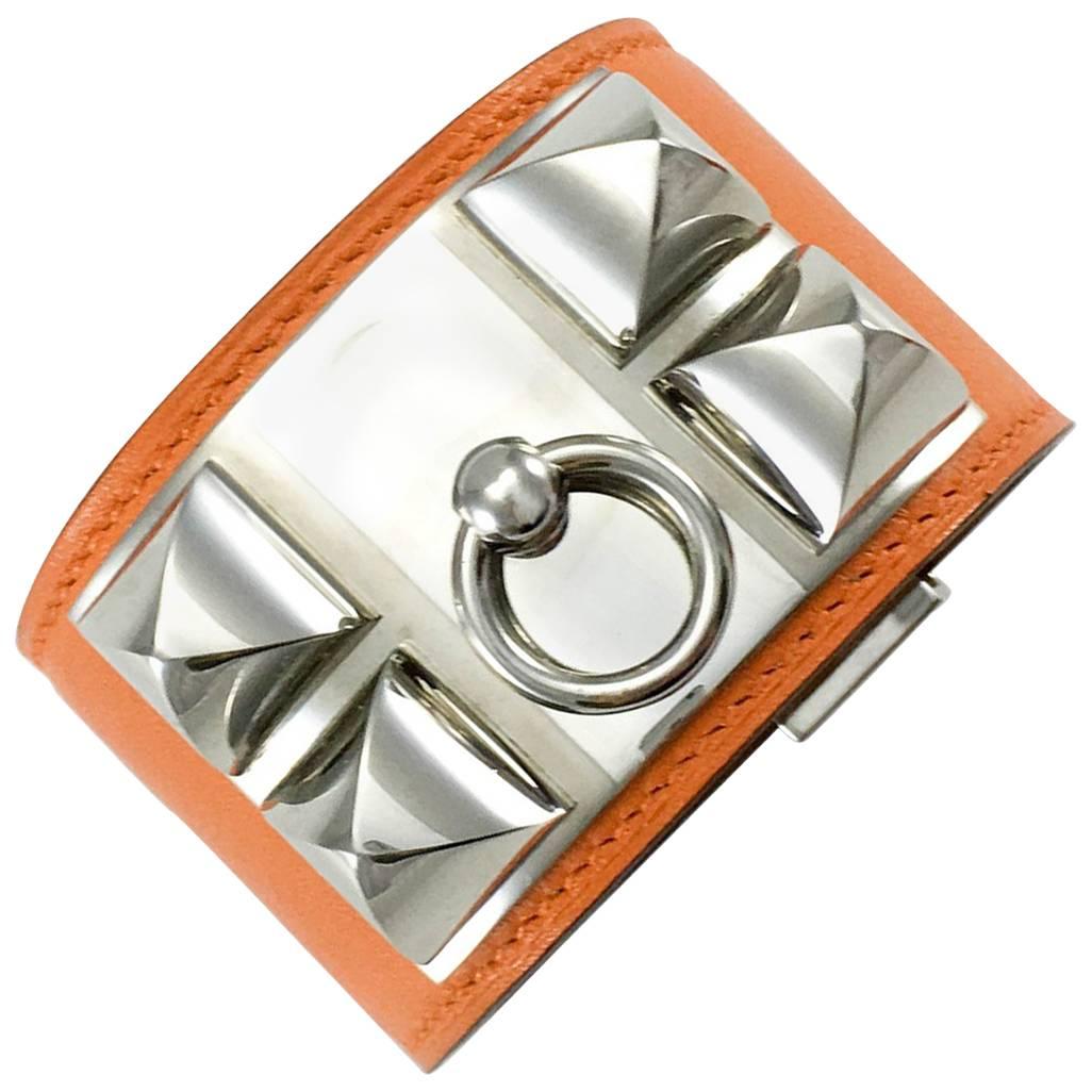 Hermes Collier de Chien (CDC) Orange Swift Leather and Palladium Bracelet