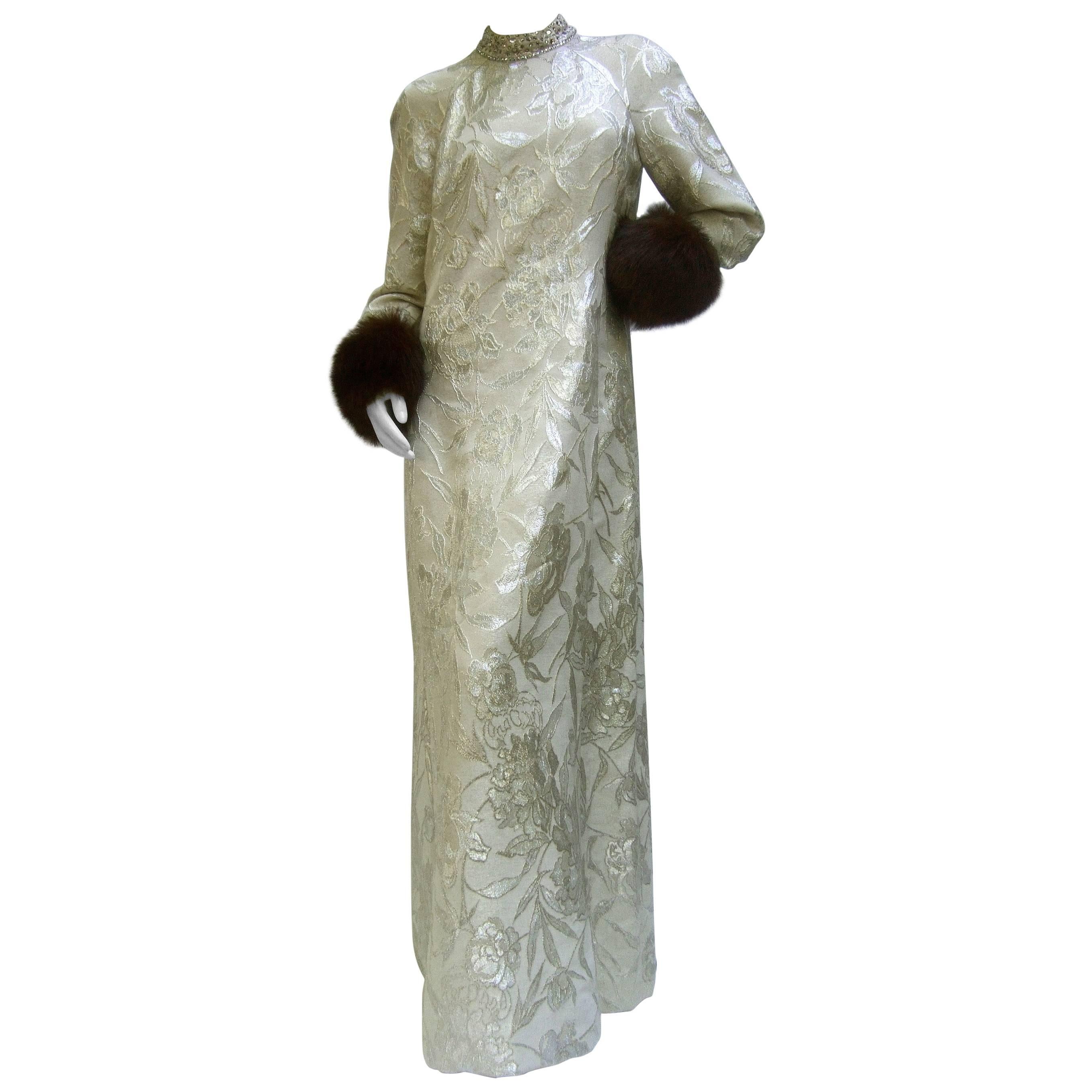 Saks Fifth Avenue Champagne Metallic Brocade Fox Trim Gown ca 1970