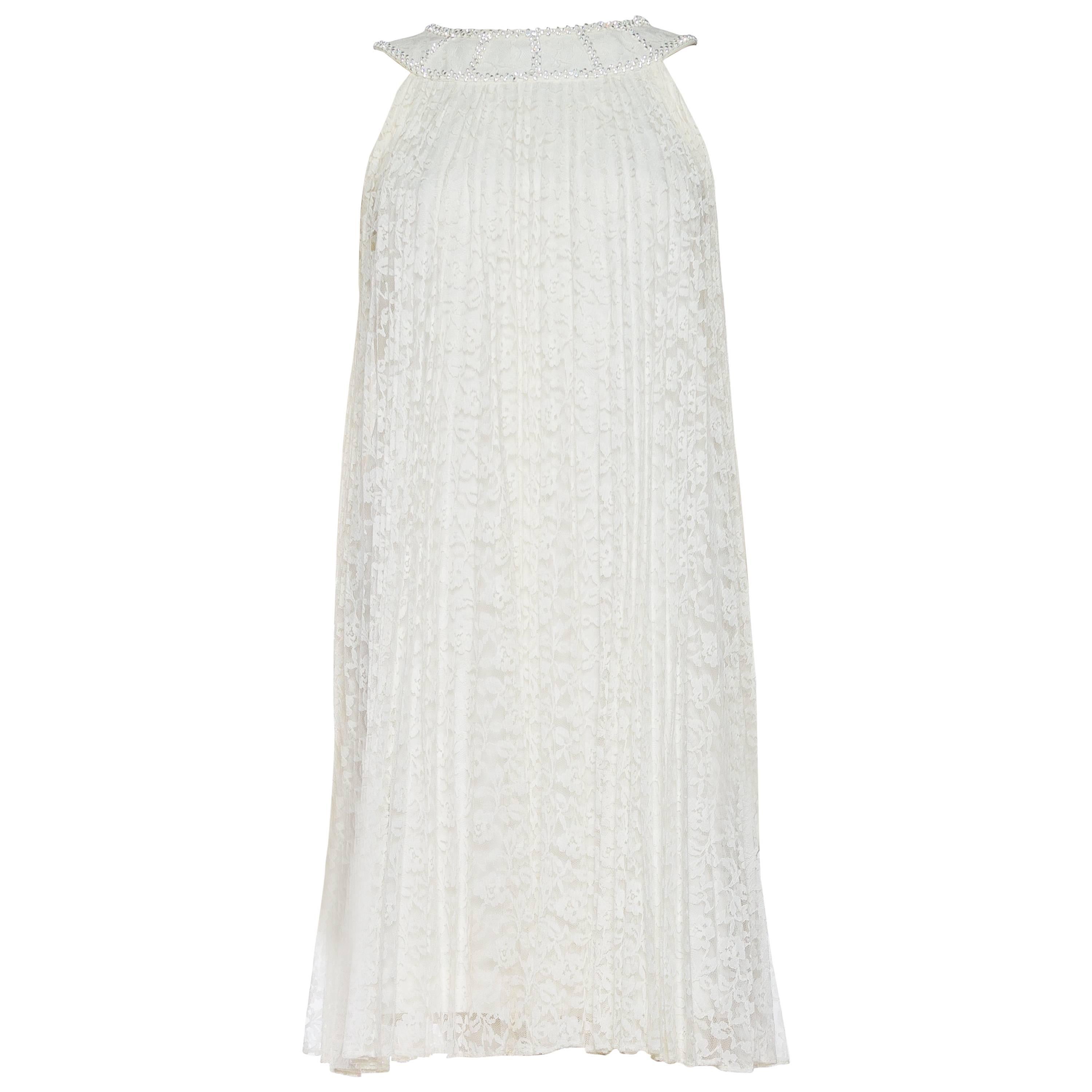 1960S White Pleated Rayon & Nylon Lace Mod Cocktail Dress With Crystal Neckline For Sale