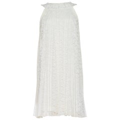 1960S White Pleated Rayon & Nylon Lace Mod Cocktail Dress With Crystal Neckline