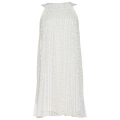 1960S White Pleated Rayon & Nylon Lace Mod Cocktail Dress With Crystal Neckline