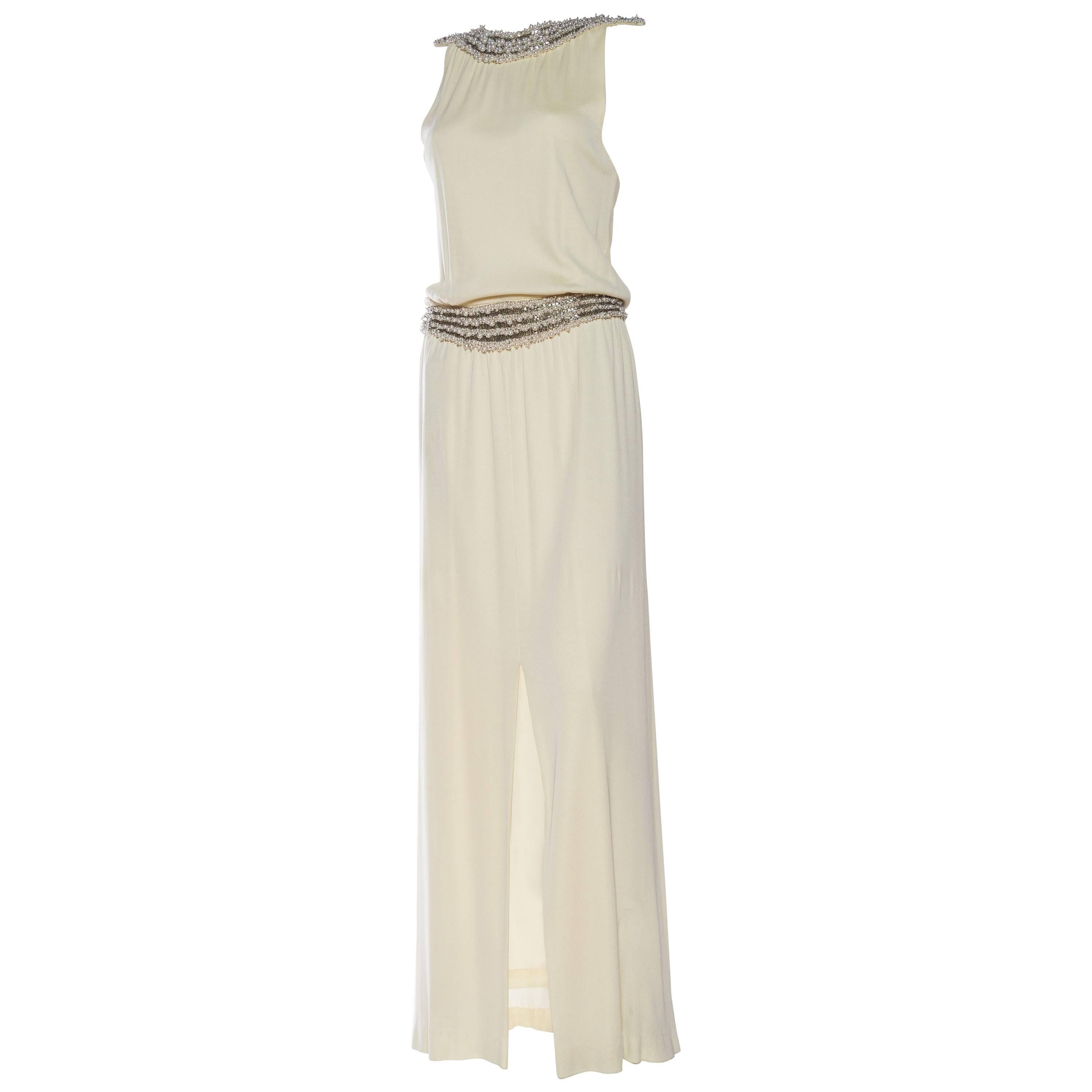 1970S Ivory Silk Jersey Gown With Crystal & Pearl Beading For Sale