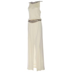 1970S Ivory Silk Jersey Gown With Crystal & Pearl Beading