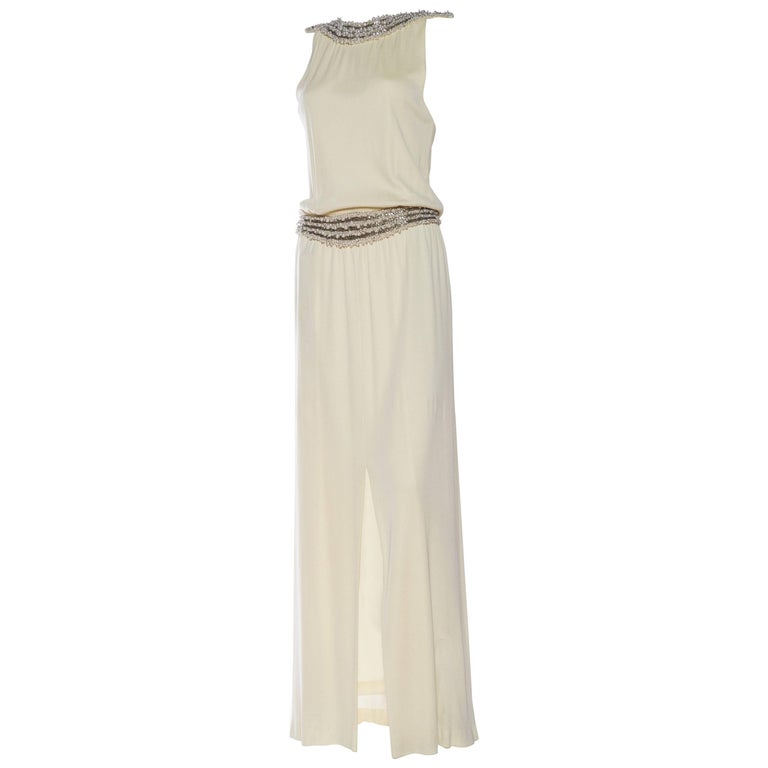 1970S Ivory Silk Jersey Gown With Crystal and Pearl Beading For Sale at 1stDibs 1970S Ivory Silk Jersey Gown With Crystal and Pearl Beading For Sale at 1stDibs