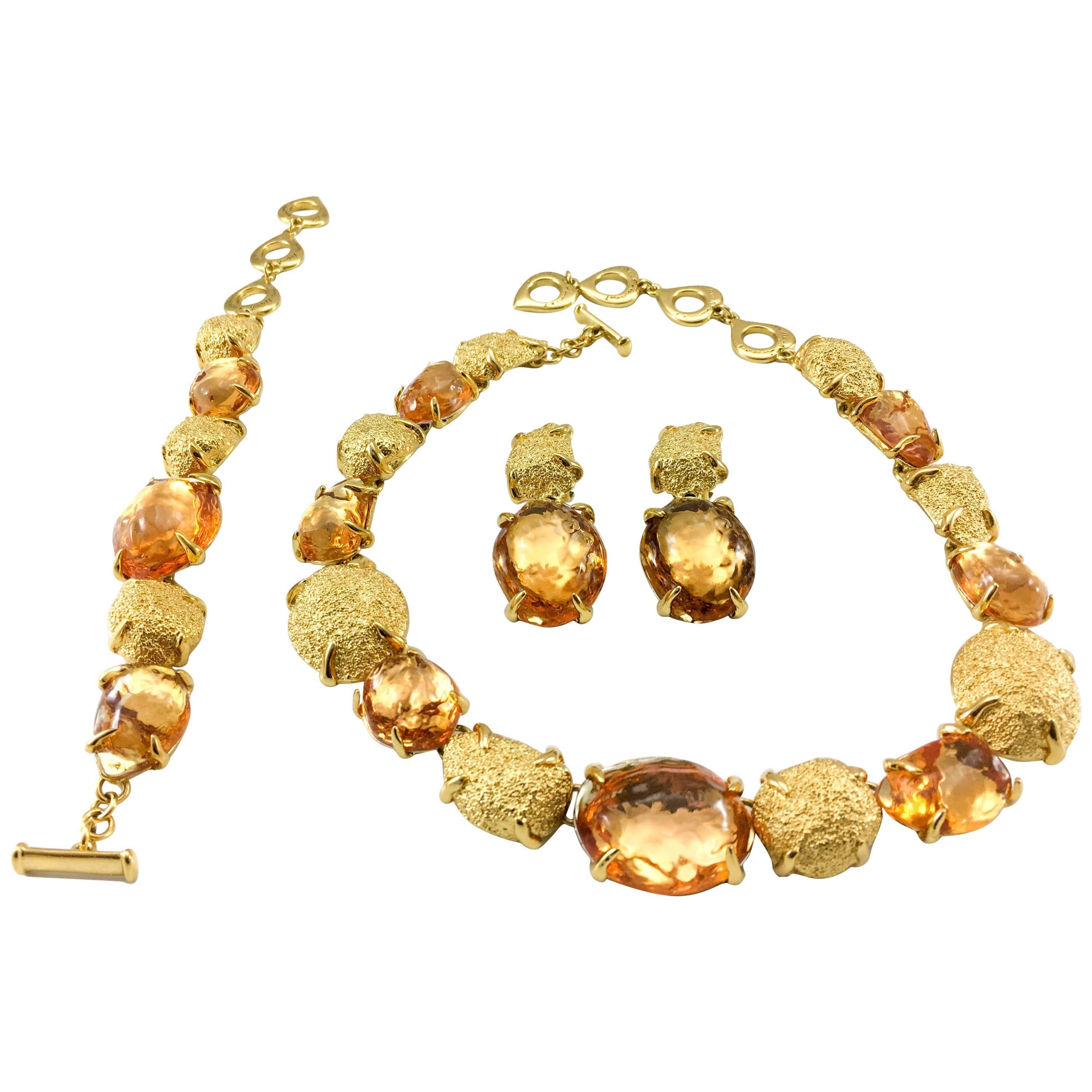 1980s Yves Saint Laurent by Goossens Faux Topaz and Gold-Plated Nugget Set