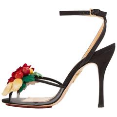 Charlotte Olympia New Black Canvas Multi Color Fruit Heels Sandals in Box