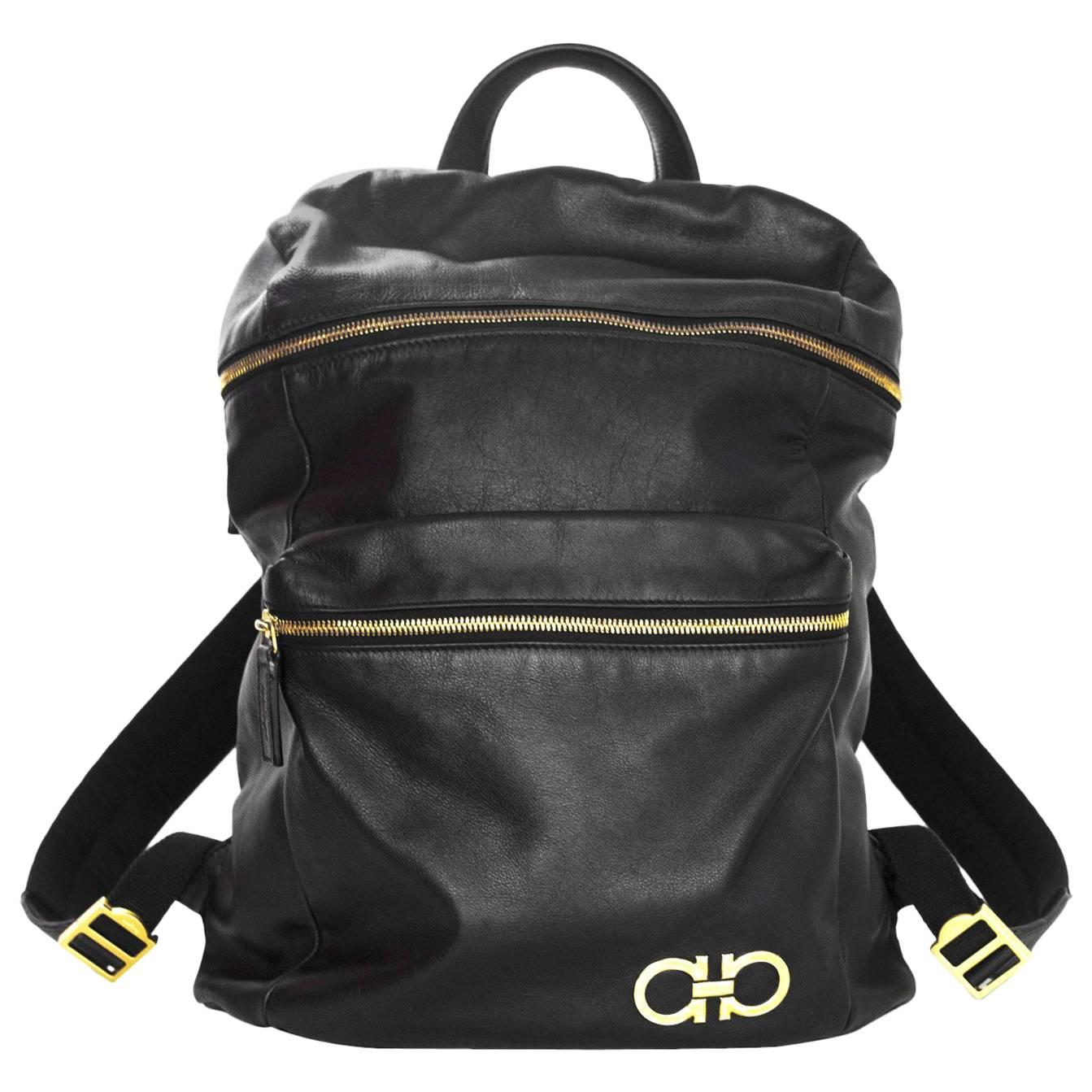 Salvatore Ferragamo Black Nevada Gancini Leather Backpack Bag 