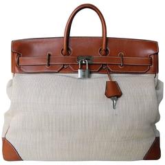 Rare Antique Hermes 50cm Leather & Crinoline Travel Bag